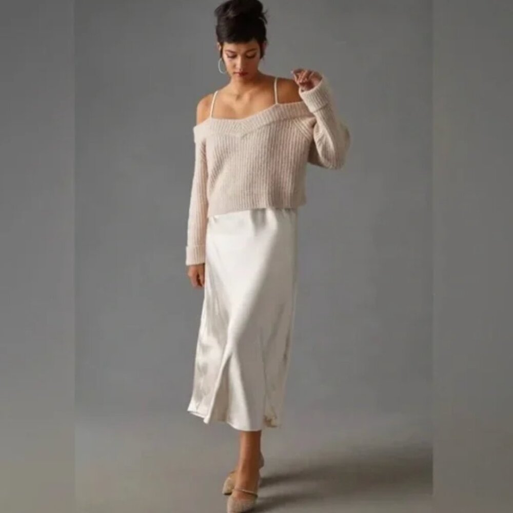 Anthropologie Cream Satin Midi Slip Sweater Dress with Blush Off-Shoulder Knit